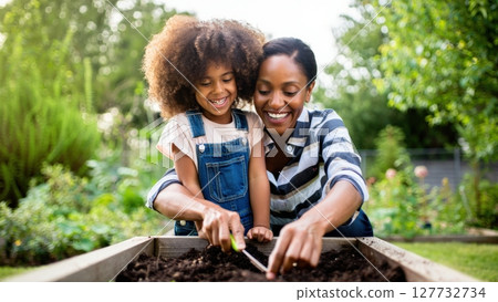 Mother and daughter planting seeds in raised garden bed 127732734