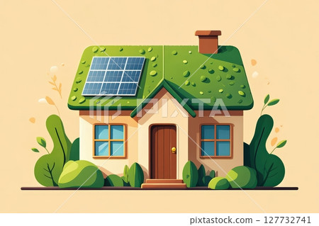 Eco friendly house with solar panels and green roof promoting sustainable living 127732741