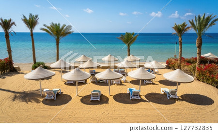 Luxurious beach resort offering relaxation under straw umbrellas and palm trees by the Red Sea 127732835