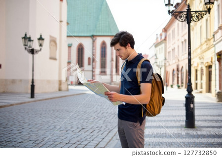 Young male tourist reading a map in Prague, Czech Republic 127732850