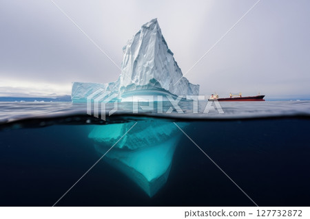 Huge iceberg floating with a cargo ship sailing nearby, showing the underwater part 127732872