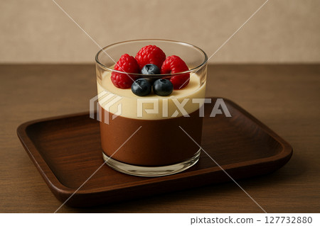 玻璃杯中的巧克力慕斯和莓果甜點 127732880