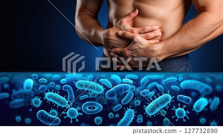 Man suffering from abdominal pain caused by bacteria and viruses 127732890