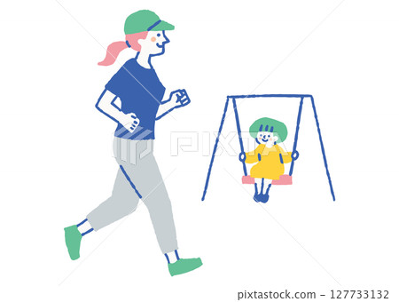 A running woman and a girl on a swing_Color 127733132