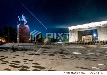 Bishkek Ala Too Square with People Hero Manas Statue and Kyrgyz State History Museum 127733160