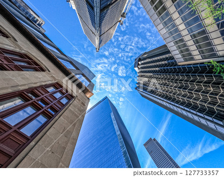Montreal skyline seen from streets looking up at buildings 127733357