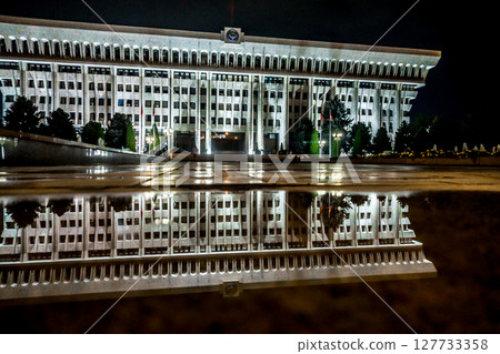 Bishkek Ala Too Square with People Hero Manas Statue and Kyrgyz State History Museum 127733358