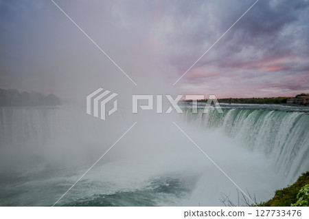 Canadian side view of Niagara Falls, Horseshoe Falls in a sunny day in Niagara Falls, Ontario, Canada 127733476