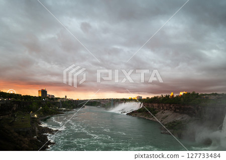 Canadian side view of Niagara Falls, Horseshoe Falls in a sunny day in Niagara Falls, Ontario, Canada 127733484
