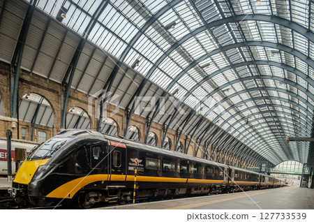 LONDON, UK - APRIL 29: Eurostar train on APRIL 29, 2024. Eurostar train locomotive at St. Pancras station in London, UK. 127733539