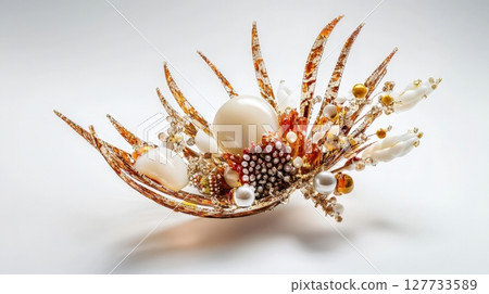 Intricate decorative element made of translucent amber and white spikes, small pearls, and gold accents on a white background, suggesting delicate craftsmanship or abstract ornamentation AI-generated Intricate decorative element made of translucent amber and white spikes, small pearls, and gold accents on a white background, suggesting delicate craftsmanship or abstract ornamentation AI-generated 127733589