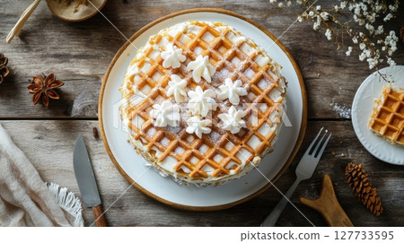 Top-down shot of a round waffle cake with white frosting and powdered sugar on a plate, with a fork, knife, and waffle piece on a rustic wooden table with floral accents AI-generated 127733595