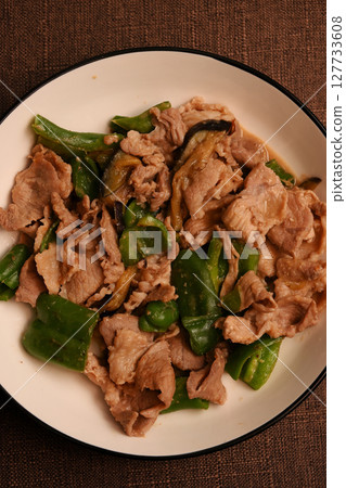 Stir-fried eggplant, green pepper and pork with miso Stir-fried eggplant, green pepper and pork with miso 127733608
