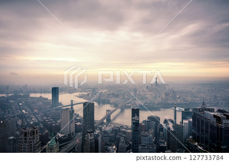 New York City Manhattan midtown aerial panorama view with skyscrapers and cloudy day. 127733784