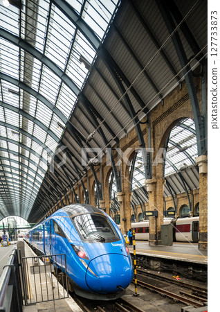 LONDON, UK - APRIL 29: Eurostar train on APRIL 29, 2024. Eurostar train locomotive at St. Pancras station in London, UK. LONDON, UK - APRIL 29: Eurostar train on APRIL 29, 2024. Eurostar train locomotive at St. Pancras station in London, UK. 127733873