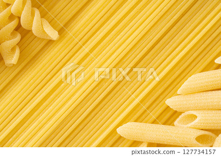 Dried pasta spaghetti, penne and fusilli Dried pasta spaghetti, penne and fusilli 127734157