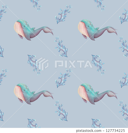 Children's watercolor pattern cute turquoise whale and water fountain on blue background. 127734225