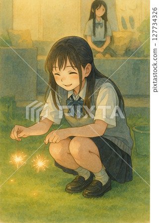 夏夜裡玩煙火的女孩 127734326