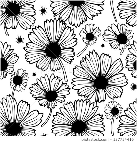Elegant floral pattern background with daisies and botanical line art illustration 127734416