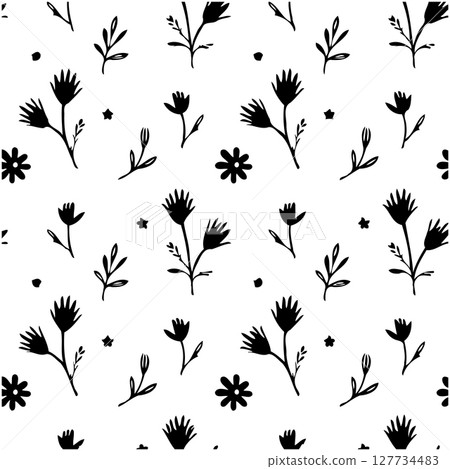 Elegant Floral Vector Pattern with Black Silhouettes on White Background for Design Elegant Floral Vector Pattern with Black Silhouettes on White Background for Design 127734483