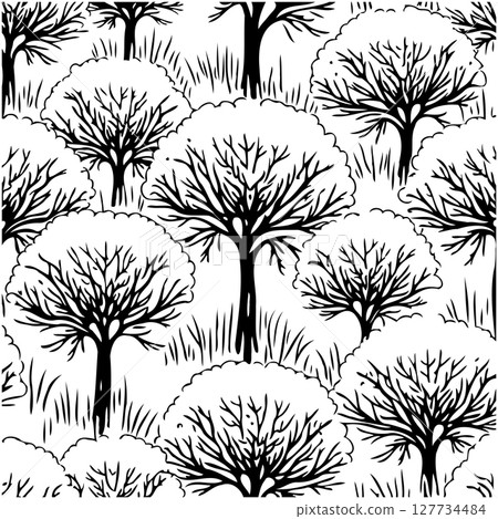 Monochrome hand-drawn seamless pattern of bare trees in winter for textile design Monochrome hand-drawn seamless pattern of bare trees in winter for textile design 127734484