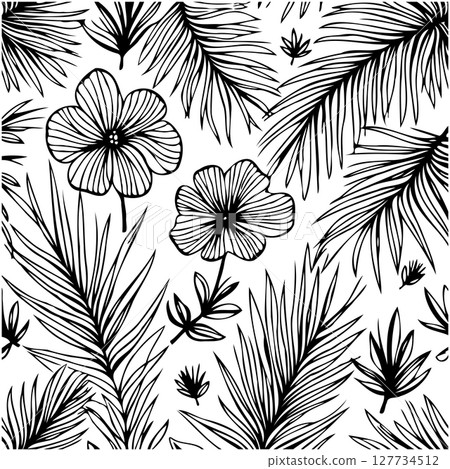 Seamless floral pattern with tropical leaves and flowers, black and white design 127734512