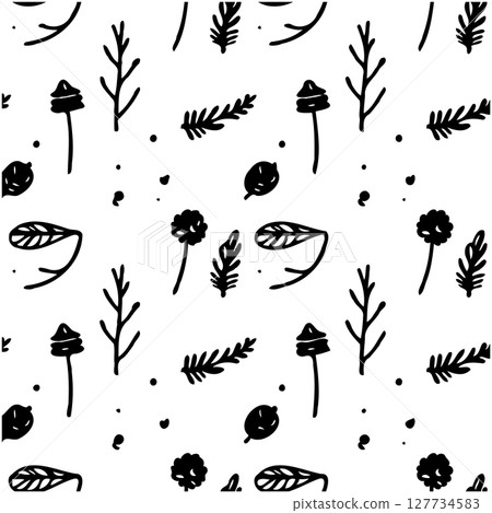 Elegant floral pattern with hand-drawn botanical elements in black and white Elegant floral pattern with hand-drawn botanical elements in black and white 127734583