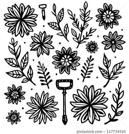 Elegant Floral and Botanical Vector Illustration with Vintage Gardening Tools elements 127734585