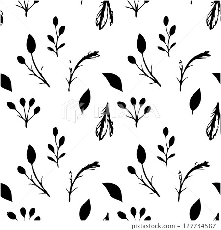 Botanical black and white seamless pattern with leaves, flowers and branches Botanical black and white seamless pattern with leaves, flowers and branches 127734587