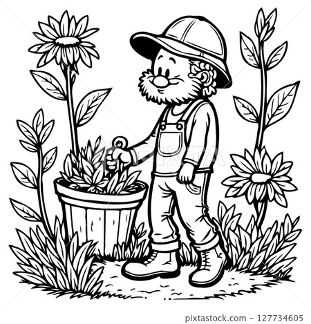 Cartoon Gardener Planting Flowers in a Pot Black and White Line Art Illustration 127734605