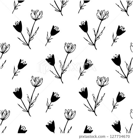 Elegant floral repeat pattern with hand-drawn tulips in black and white design 127734670