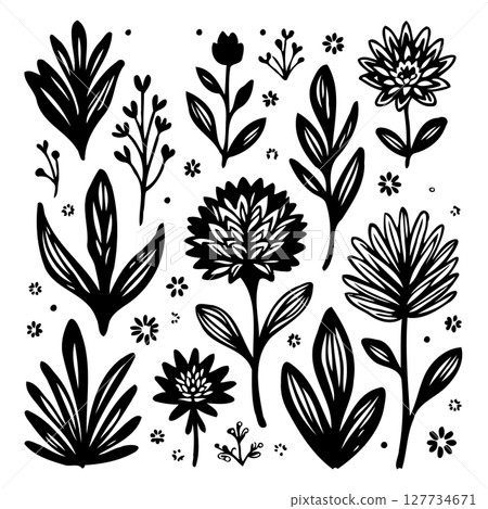 Black and white botanical illustration showcasing assorted floral elements Black and white botanical illustration showcasing assorted floral elements 127734671