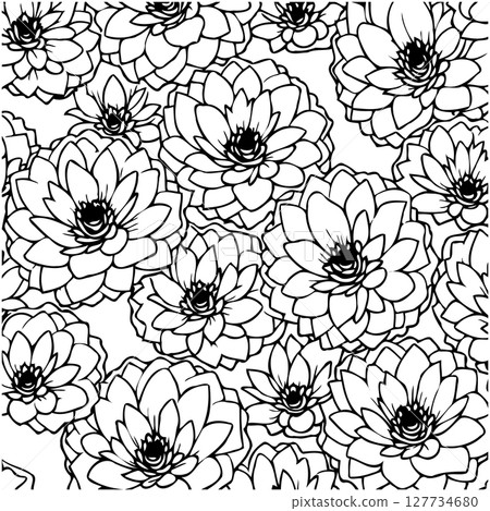 Elegant dahlia flower pattern in monochrome black and white line art design 127734680