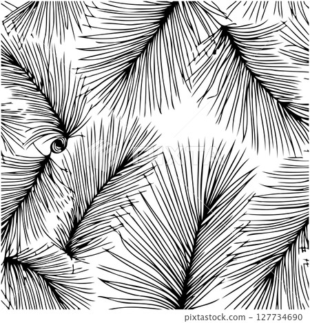 Seamless monochrome botanical pattern featuring detailed palm fronds illustration Seamless monochrome botanical pattern featuring detailed palm fronds illustration 127734690