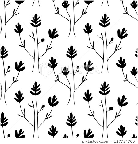 Seamless botanical pattern with minimalistic leaf and branch illustrations in monochrome Seamless botanical pattern with minimalistic leaf and branch illustrations in monochrome 127734709