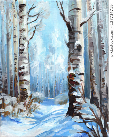 A painting of a winter landscape with birch trees in blue tones. An example of a painting for working with acrylic or oil paints. 127734719