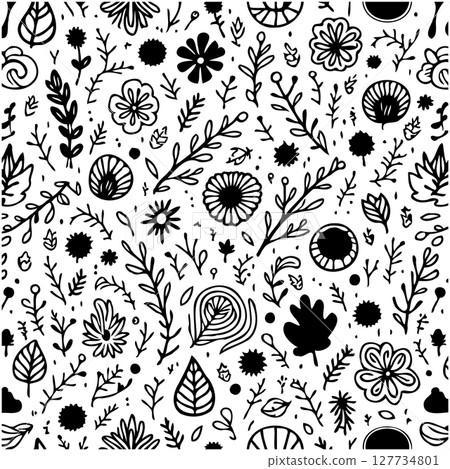 Botanical doodle illustration featuring black and white floral seamless pattern 127734801