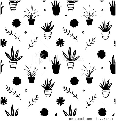 Elegant black and white botanical seamless pattern with various potted plants Elegant black and white botanical seamless pattern with various potted plants 127734803