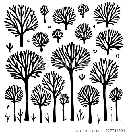 Whimsical Forest: A Collection of Hand-Drawn Tree Illustrations in Black and White Whimsical Forest: A Collection of Hand-Drawn Tree Illustrations in Black and White 127734804