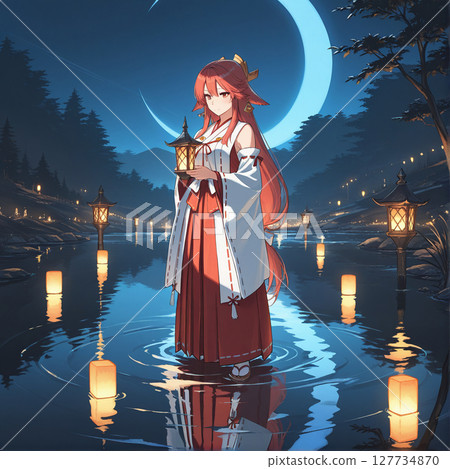 [Anime style] Shrine maiden and lantern on the water 127734870