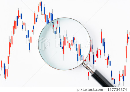 Candlestick chart magnified with a magnifying glass on a white background 127734874