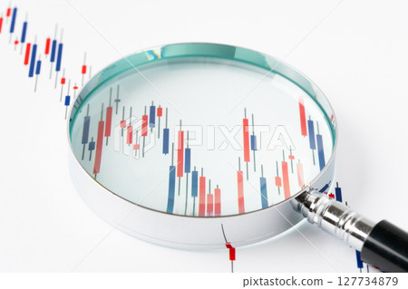 Candlestick chart magnified with a magnifying glass on a white background Candlestick chart magnified with a magnifying glass on a white background 127734879