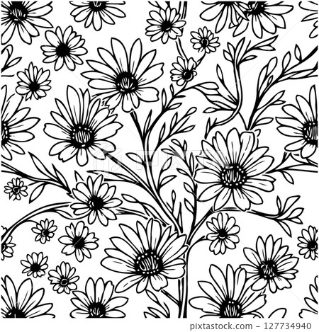 Elegant floral seamless pattern with hand-drawn daisies on white background 127734940