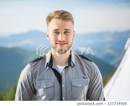 A man with a pleasant smile stands outdoors, dressed in a casual shirt, with a serene mountain landscape in the background under a clear blue sky 127734986