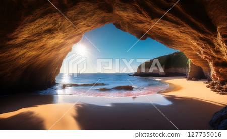Sunlight streams through a sea cave onto a serene beach 127735016