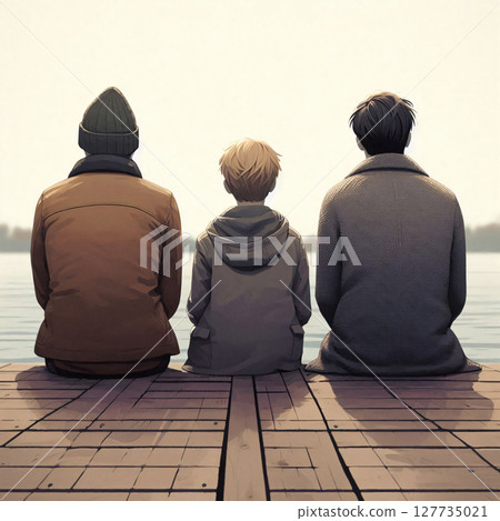Three individuals sitting on a dock overlooking a misty lake 127735021