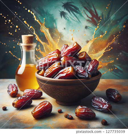 Vibrant still life of dates in a bowl with splashing juice and a bottle 127735039