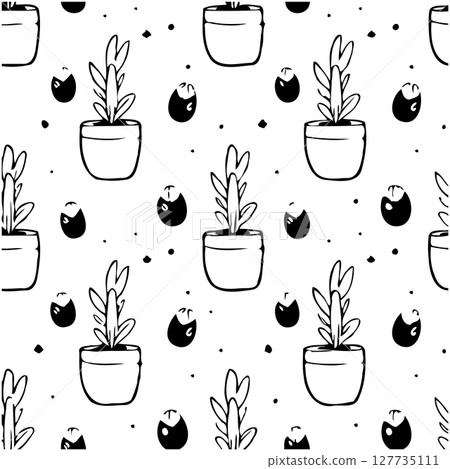 Simple Hand-Drawn Potted Plants Seamless Pattern on White Background for Design Simple Hand-Drawn Potted Plants Seamless Pattern on White Background for Design 127735111