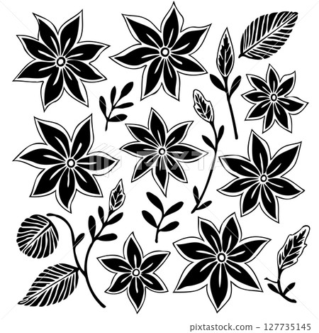 Elegant floral pattern design featuring black and white flowers and foliage 127735145