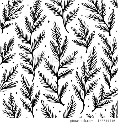Elegant monochrome seamless pattern featuring stylized coniferous branches drawing 127735146